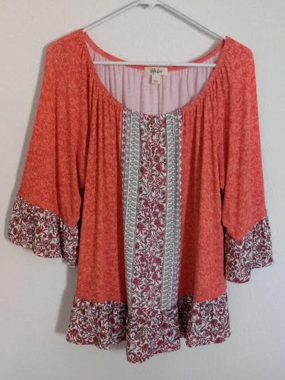 STYLE & CO WOMEN'S TOP CORAL FLORAL 3/4 RUFFLE SLEEVES ELASTIC NECK BOHO SIZE L
